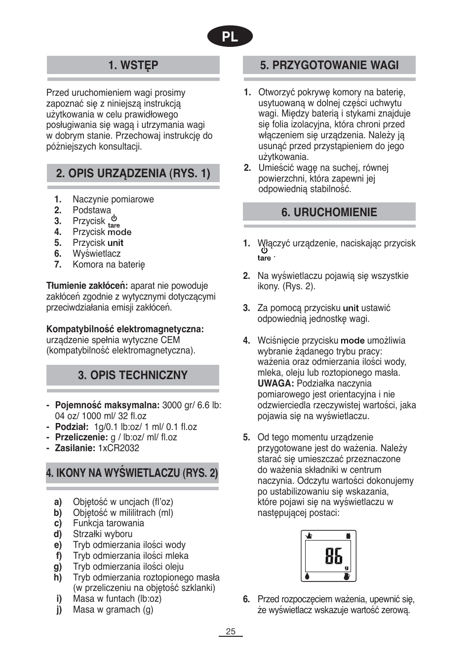 Opis urządzenia (rys. 1), Wstęp, Przygotowanie wagi | Uruchomienie, Opis techniczny, Ikony na wyświetlaczu (rys. 2) | Fagor BC-500 User Manual | Page 26 / 48