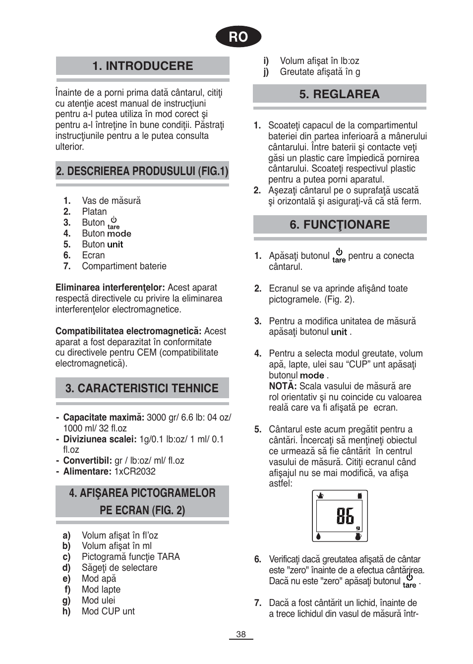 Descrierea produsului (fig.1), Introducere, Reglarea | Funcţionare, Caracteristici tehnice, Afişarea pictogramelor pe ecran (fig. 2) | Fagor BC-500 User Manual | Page 39 / 48