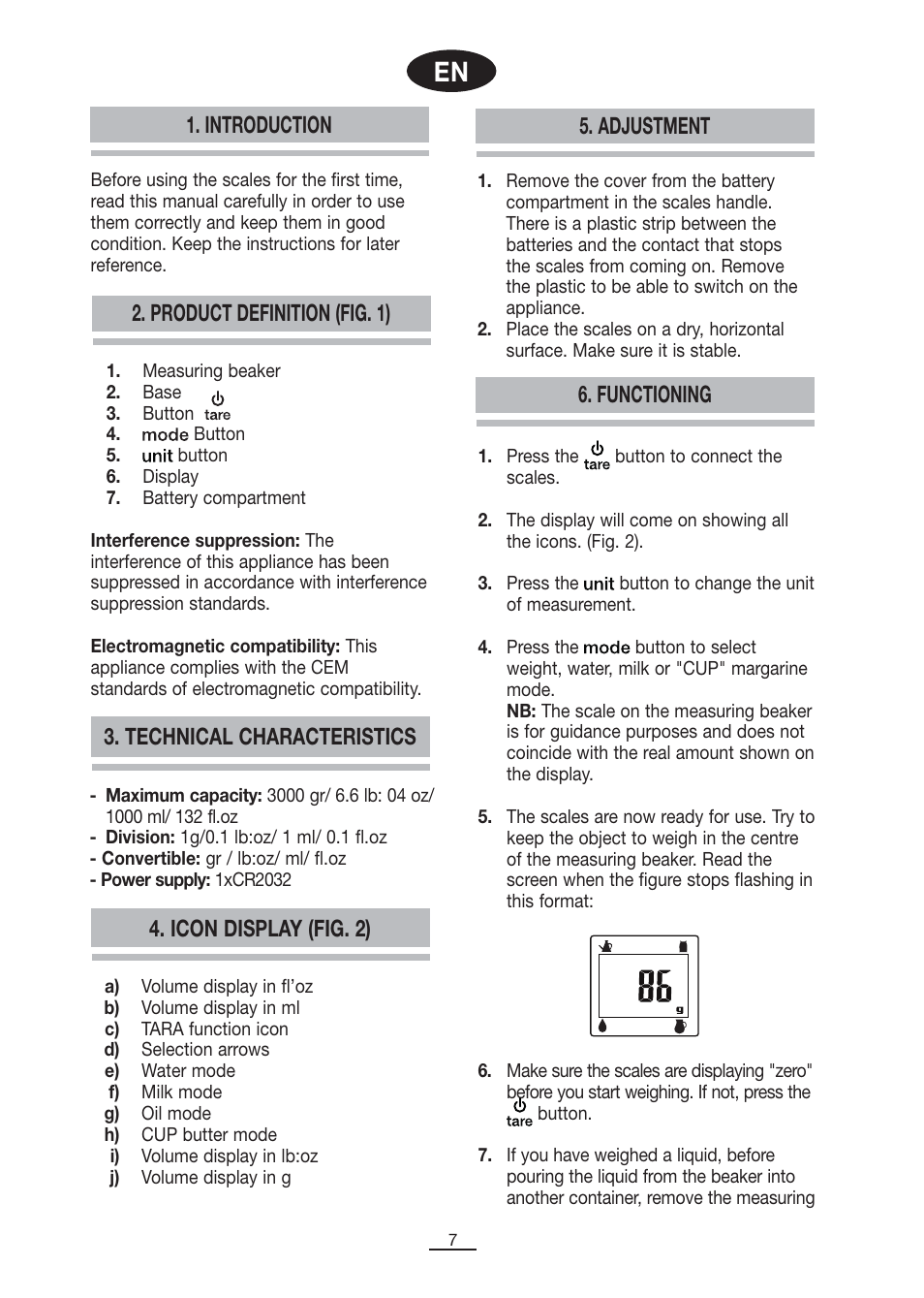 Product definition (fig. 1), Introduction, Adjustment | Functioning 3. technical characteristics, Icon display (fig. 2) | Fagor BC-500 User Manual | Page 8 / 48