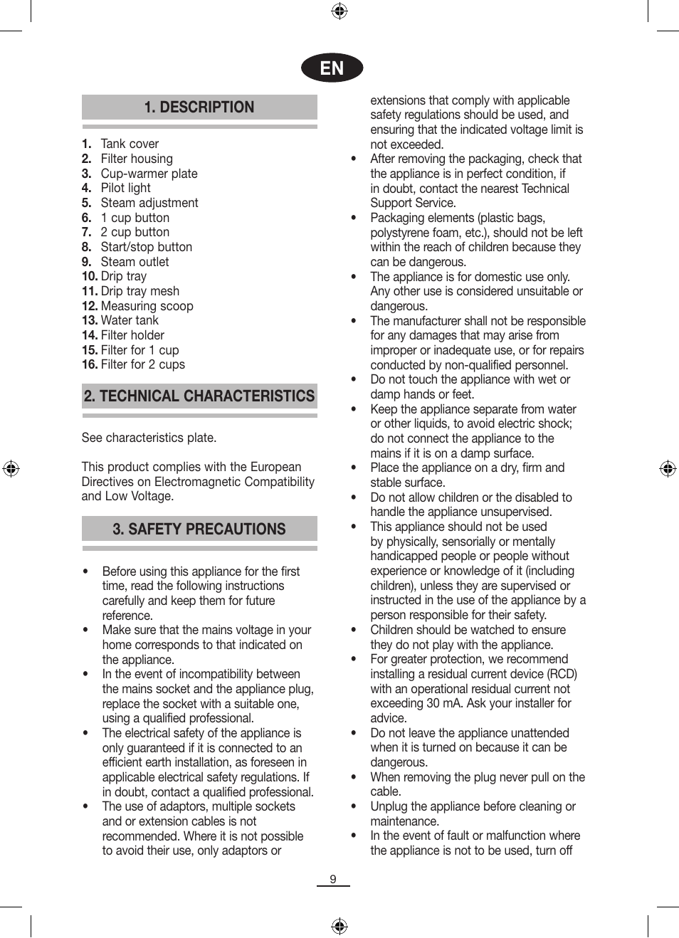 Description, Safety precautions 2. technical characteristics | Fagor CR-14 User Manual | Page 10 / 50