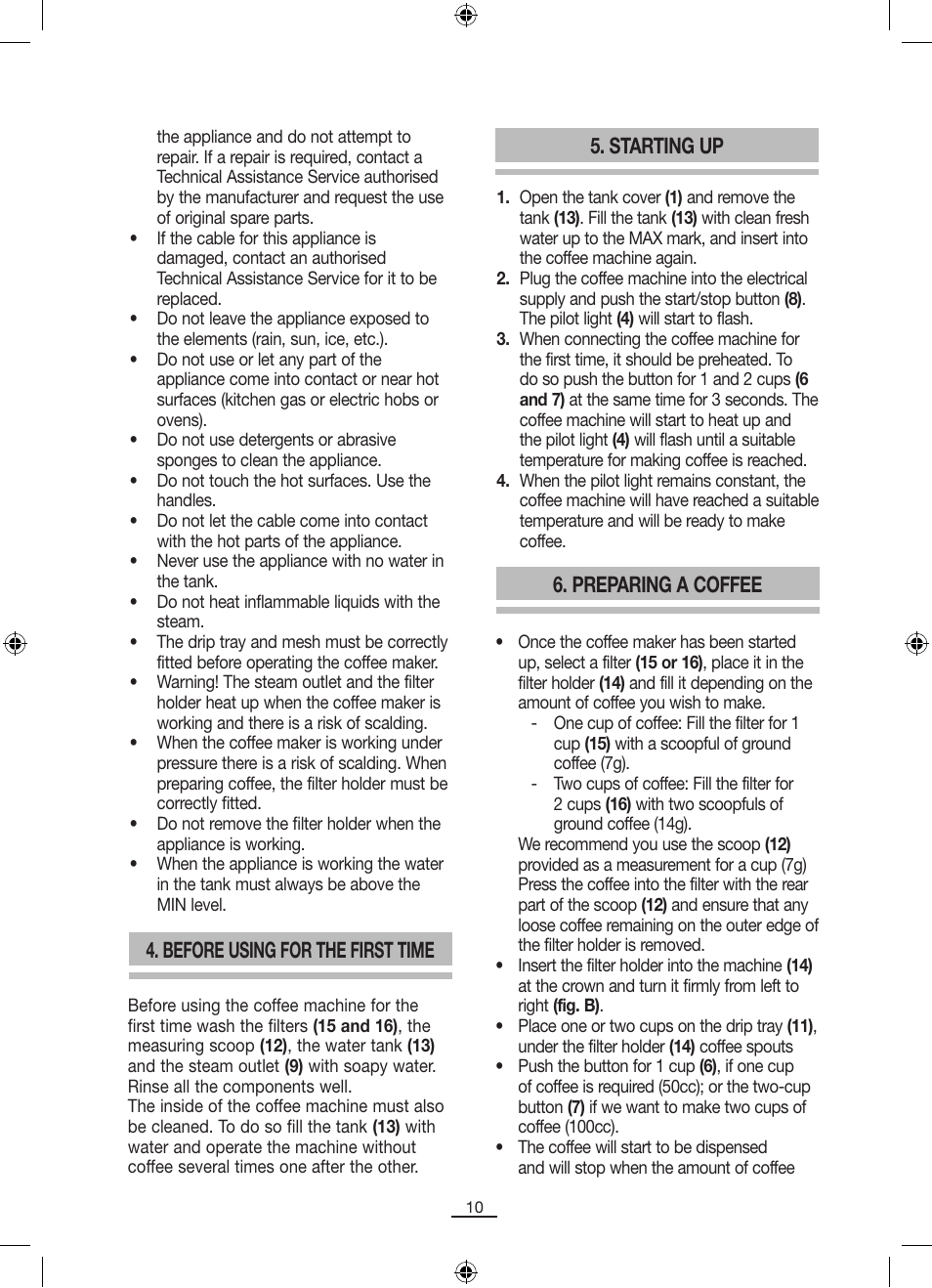 Before using for the first time, Starting up, Preparing a coffee | Fagor CR-14 User Manual | Page 11 / 50