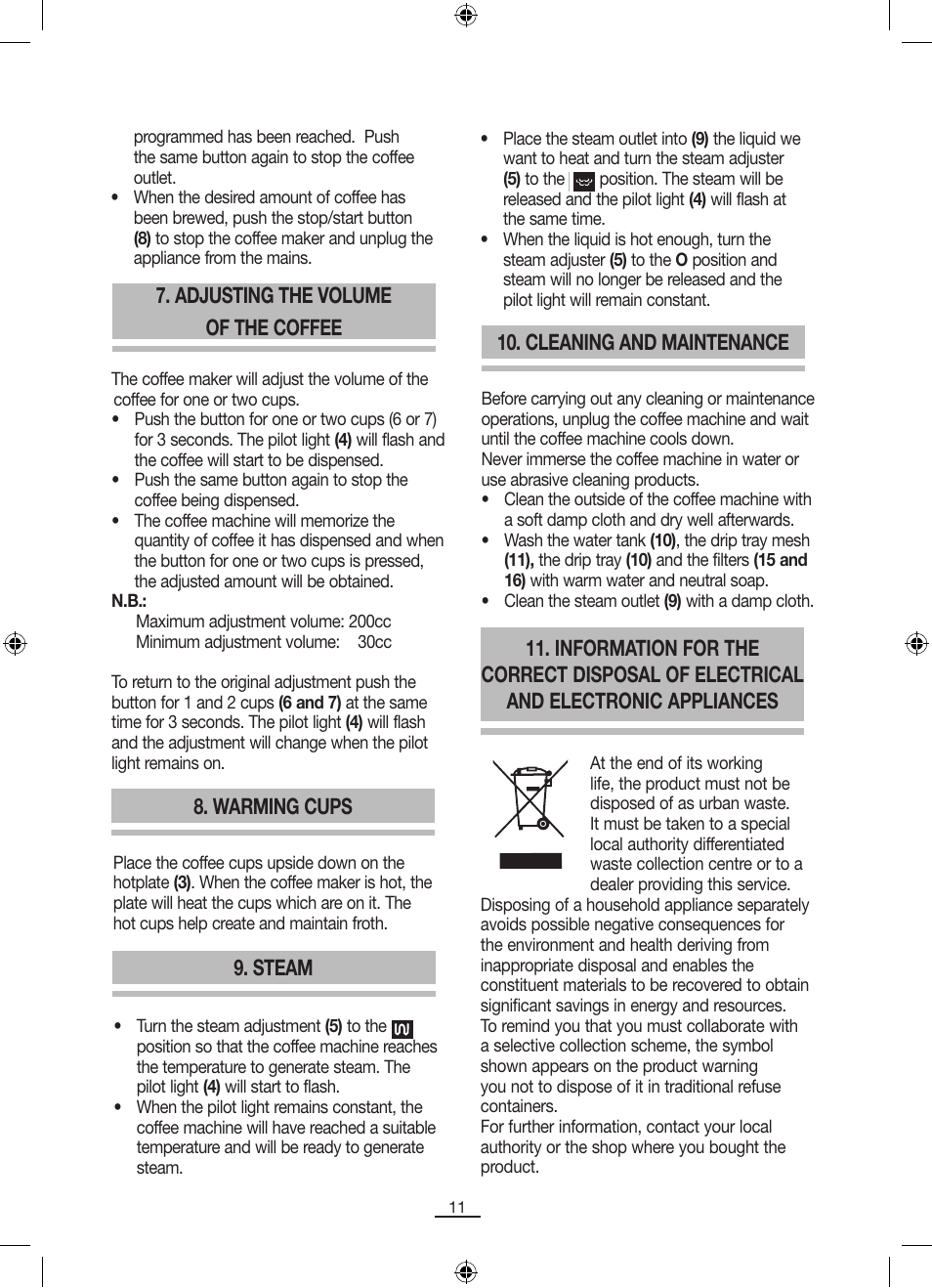 Adjusting the volume of the coffee, Warming cups, Steam | Cleaning and maintenance | Fagor CR-14 User Manual | Page 12 / 50