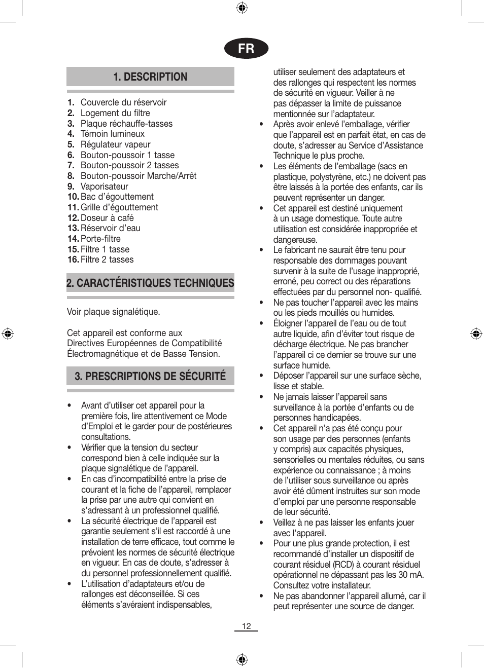 Prescriptions de sécurité 1. description, Caractéristiques techniques | Fagor CR-14 User Manual | Page 13 / 50