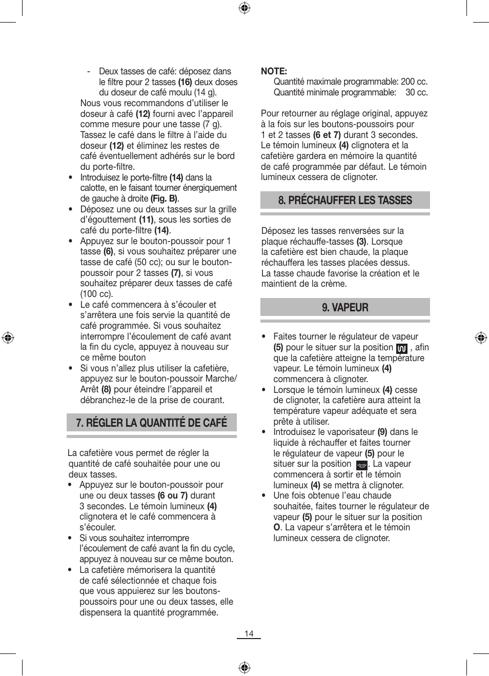 Régler la quantité de café, Préchauffer les tasses, Vapeur | Fagor CR-14 User Manual | Page 15 / 50