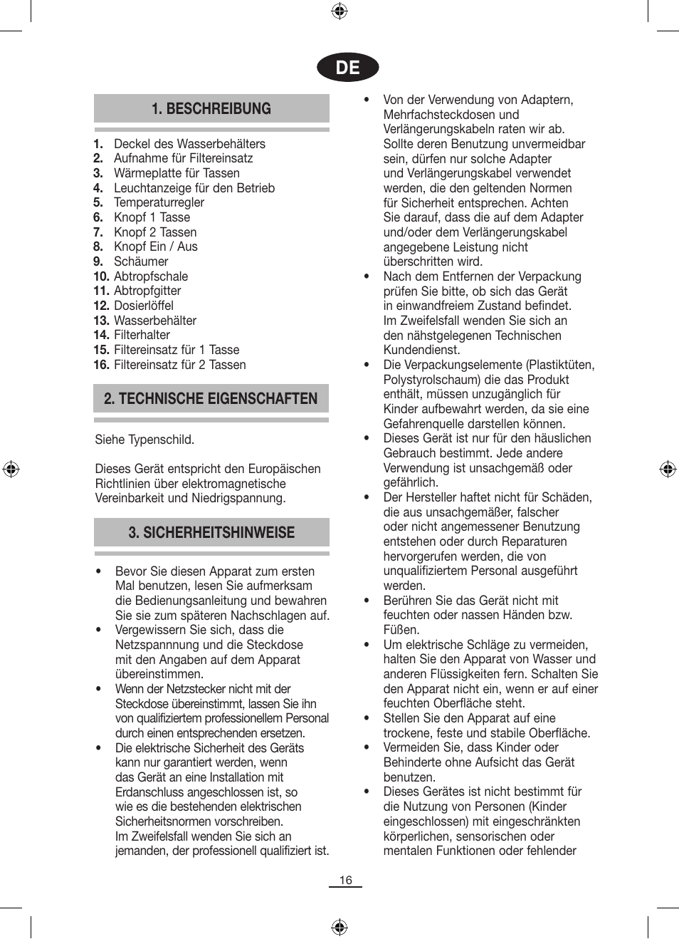 Sicherheitshinweise, Beschreibung 2. technische eigenschaften | Fagor CR-14 User Manual | Page 17 / 50