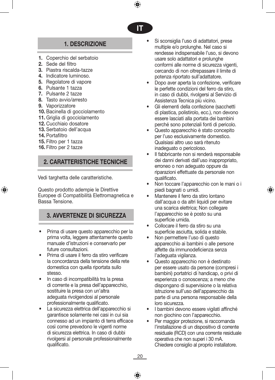 Descrizione, Caratteristiche tecniche, Avvertenze di sicurezza | Fagor CR-14 User Manual | Page 21 / 50