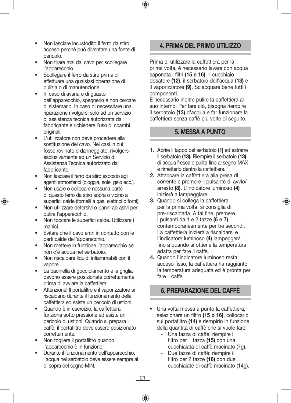 Prima del primo utilizzo, Messa a punto, Preparazione del caffè | Fagor CR-14 User Manual | Page 22 / 50
