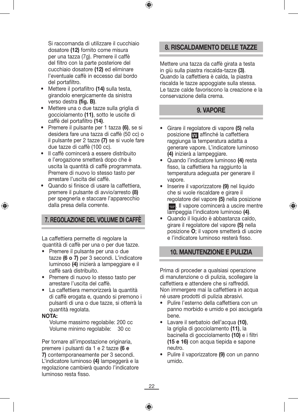 Regolazione del volume di caffè, Riscaldamento delle tazze, Vapore | Manutenzione e pulizia | Fagor CR-14 User Manual | Page 23 / 50