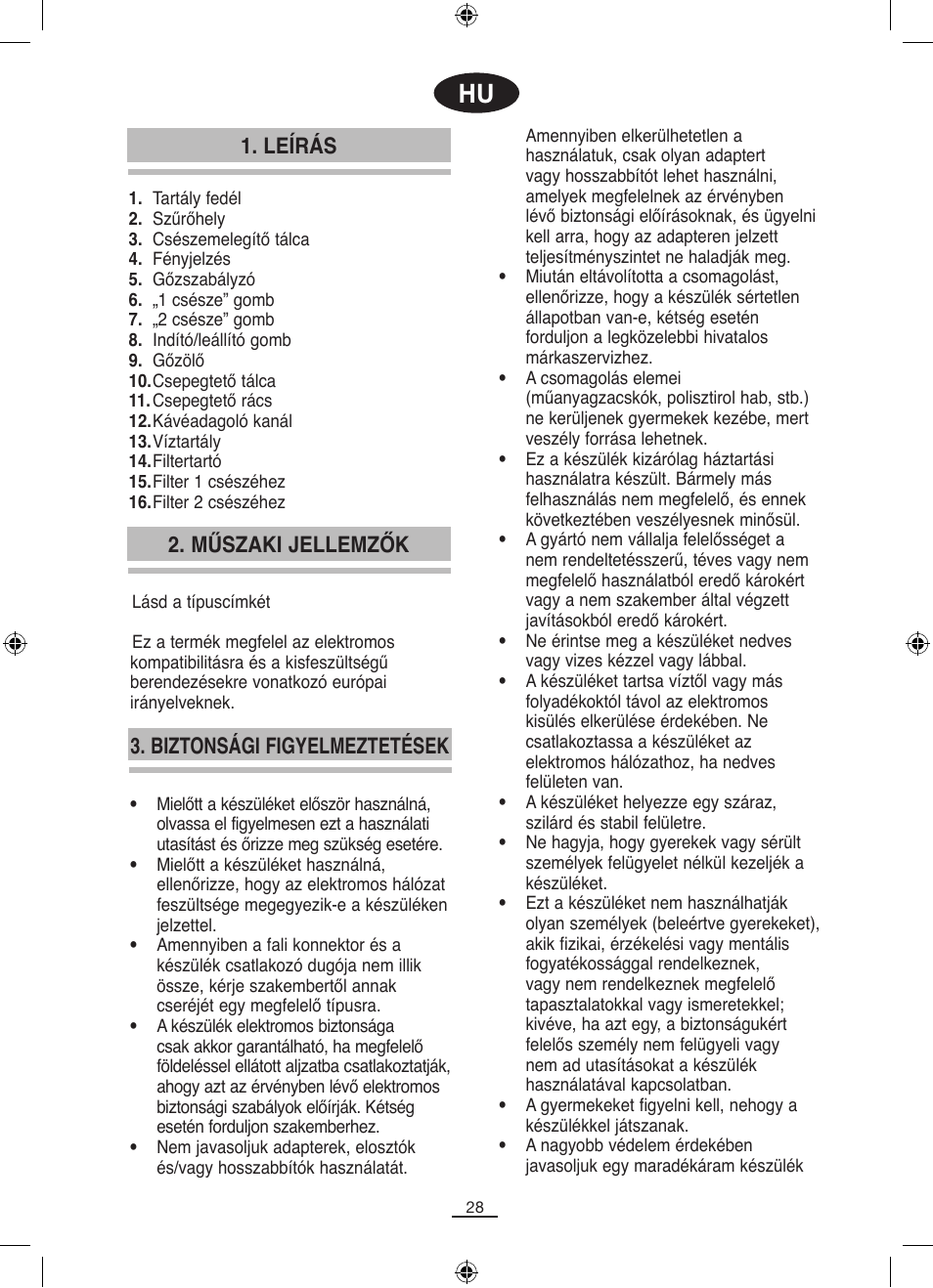Leírás, Biztonsági figyelmeztetések, Műszaki jellemzők | Fagor CR-14 User Manual | Page 29 / 50