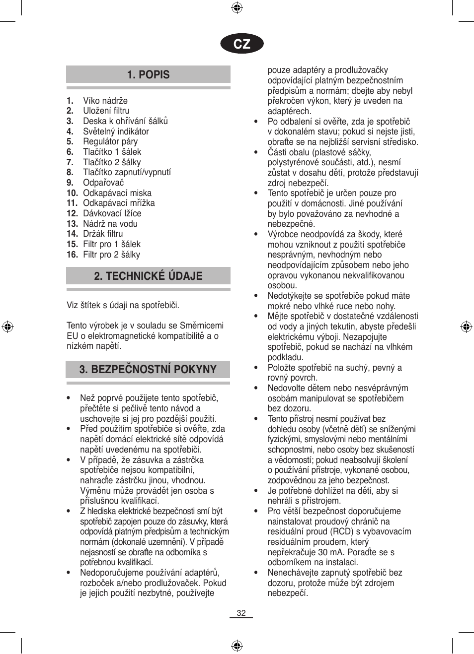 Popis, Bezpečnostní pokyny 2. technické údaje | Fagor CR-14 User Manual | Page 33 / 50