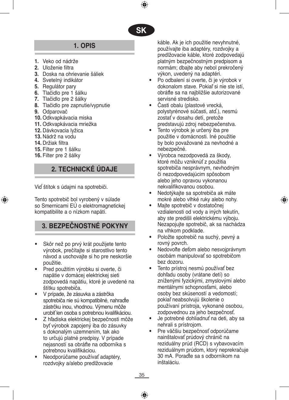 Opis, Bezpečnostné pokyny 2. technické údaje | Fagor CR-14 User Manual | Page 36 / 50