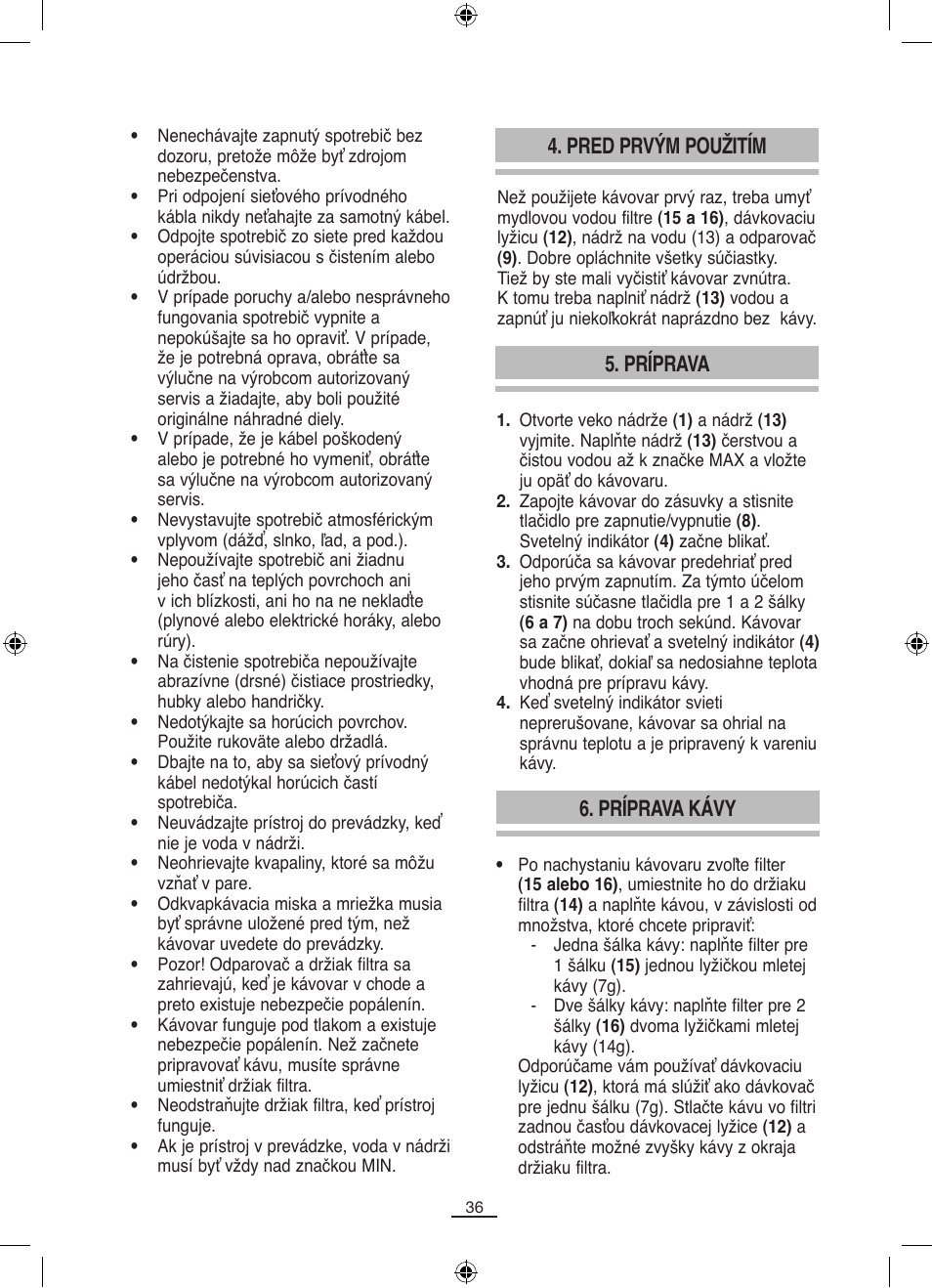 Príprava, Príprava kávy, Pred prvým použitím | Fagor CR-14 User Manual | Page 37 / 50