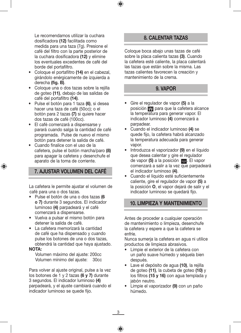 Ajustar volumen del café, Calentar tazas, Vapor | Limpieza y mantenimiento | Fagor CR-14 User Manual | Page 4 / 50