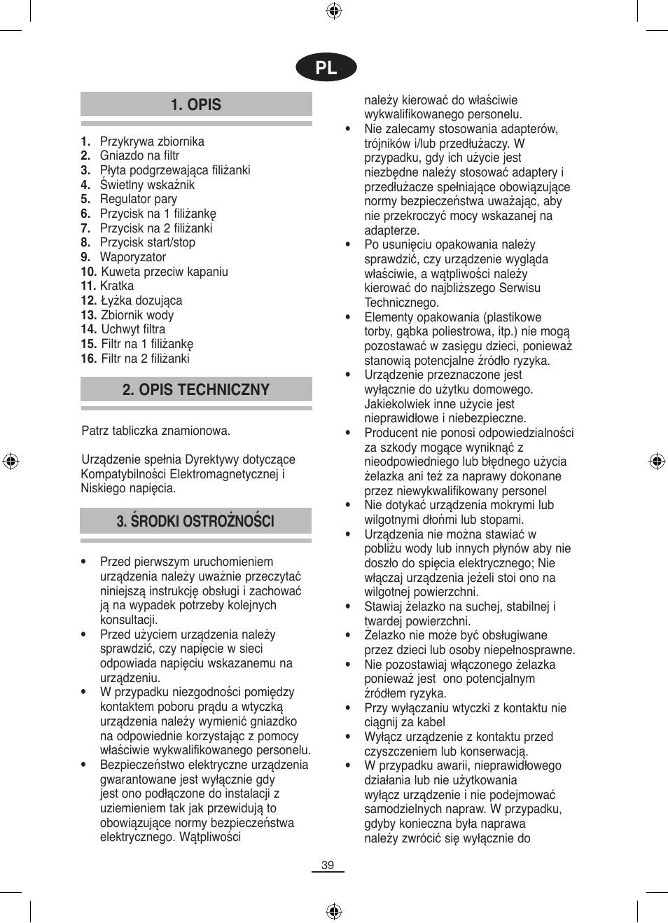 Opis, Opis techniczny, Środki ostrożności | Fagor CR-14 User Manual | Page 40 / 50