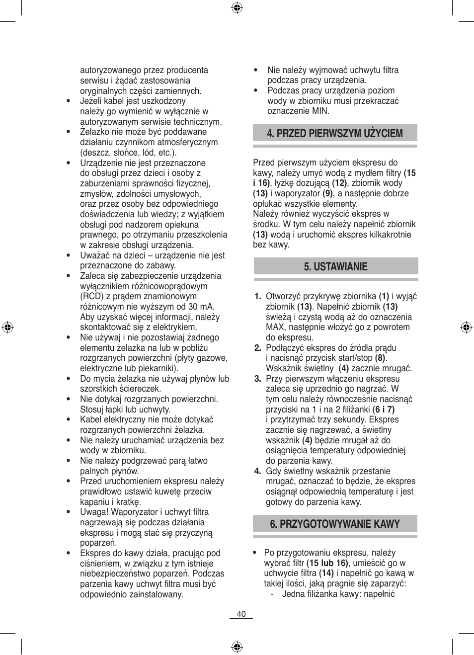 Ustawianie, Przygotowywanie kawy, Przed pierwszym użyciem | Fagor CR-14 User Manual | Page 41 / 50