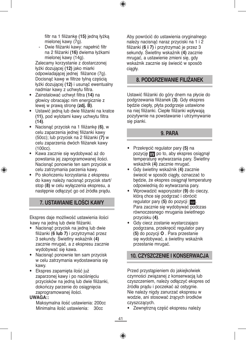 Podgrzewanie filiżanek, Para, Czyszczenie i konserwacja | Ustawianie ilości kawy | Fagor CR-14 User Manual | Page 42 / 50
