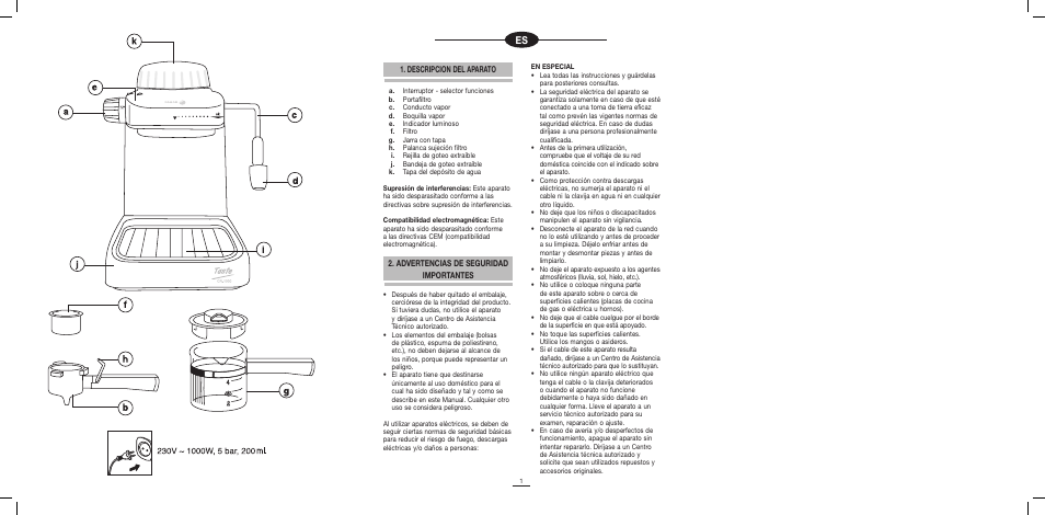 Descripcion del aparato, Advertencias de seguridad importantes | Fagor CR-1000 User Manual | Page 2 / 50