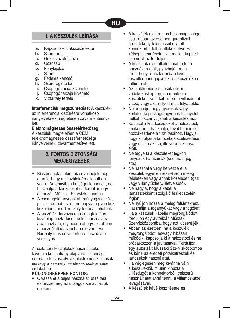 A készülék leírása, Fontos biztonsági megjegyzések | Fagor CR-1000 User Manual | Page 25 / 50