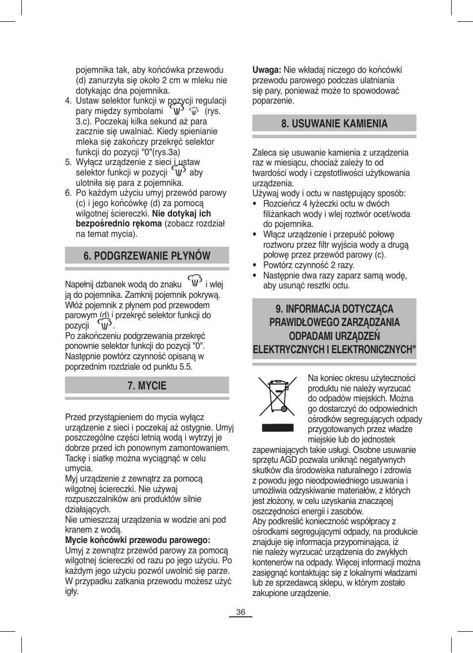 Podgrzewanie płynów, Mycie, Usuwanie kamienia | Fagor CR-1000 User Manual | Page 37 / 50