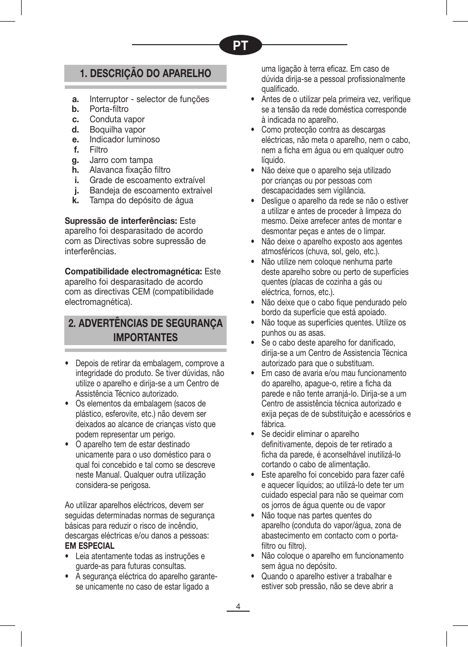 Descrição do aparelho, Advertências de segurança importantes | Fagor CR-1000 User Manual | Page 5 / 50