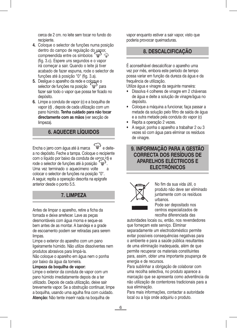 Aquecer líquidos, Limpeza, Descalcificação | Fagor CR-1000 User Manual | Page 7 / 50