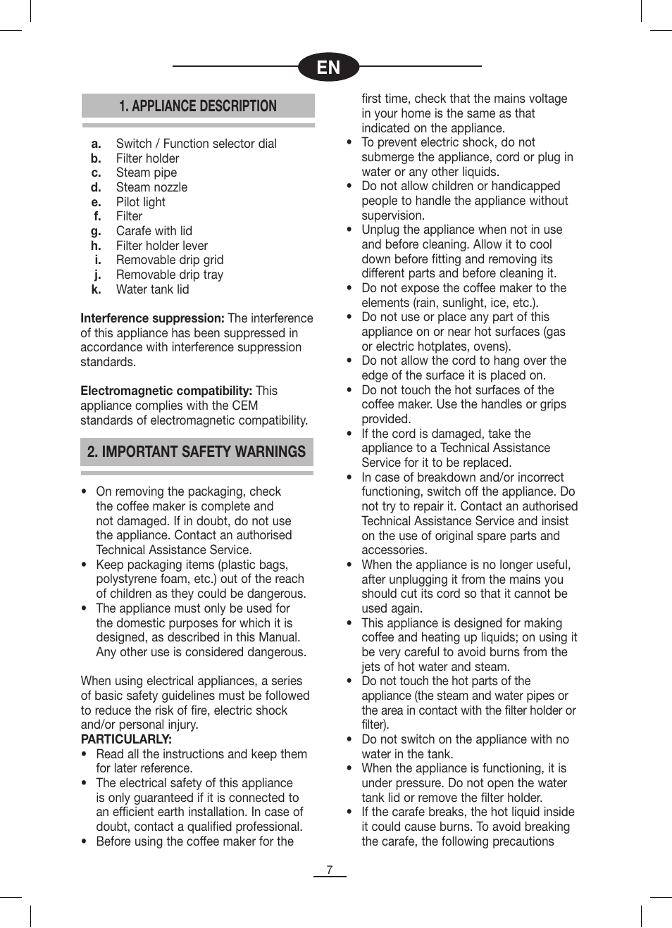 Appliance description, Important safety warnings | Fagor CR-1000 User Manual | Page 8 / 50