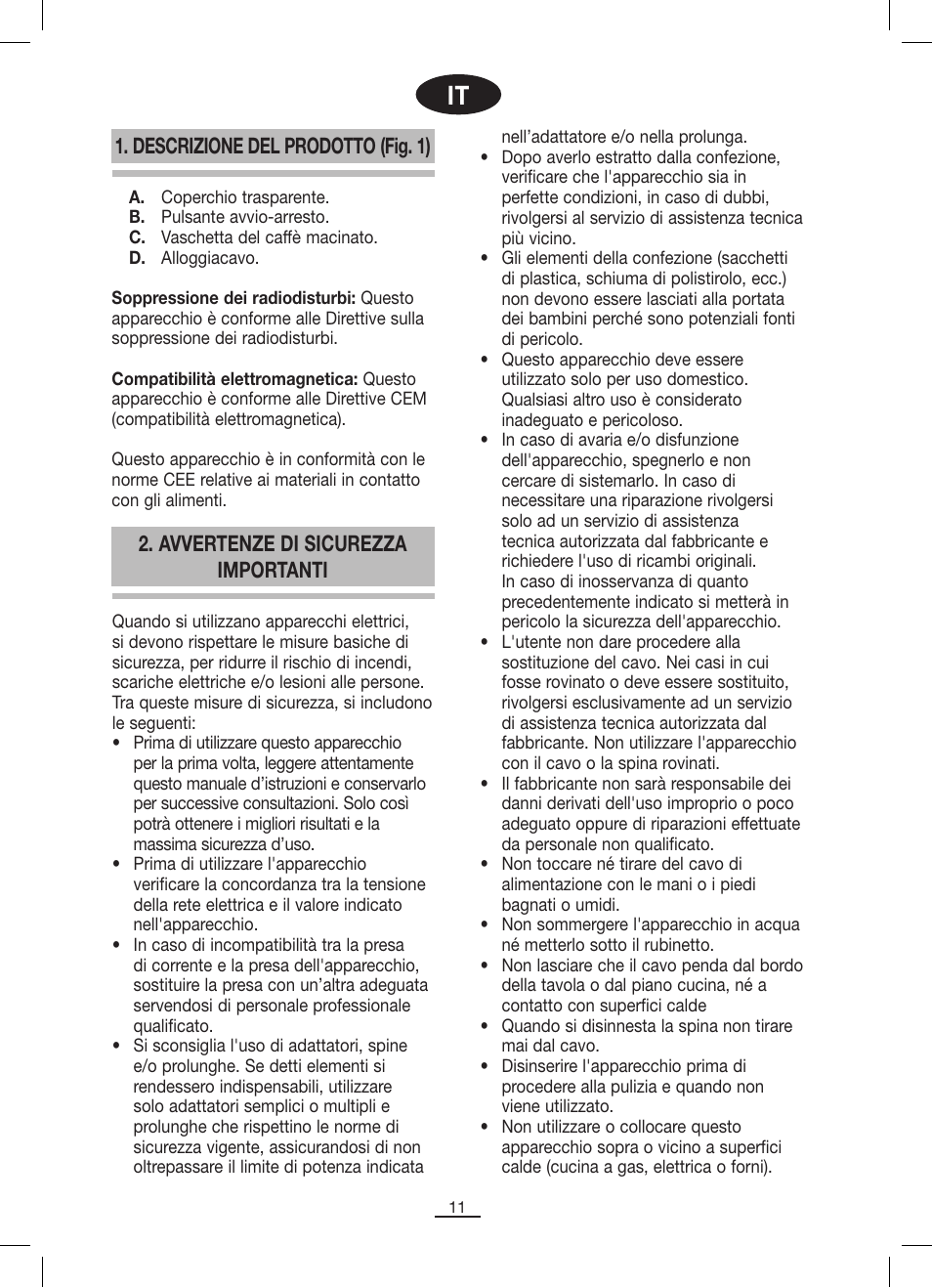 Descrizione del prodotto (fig. 1), Avvertenze di sicurezza importanti | Fagor ML-300 User Manual | Page 12 / 30