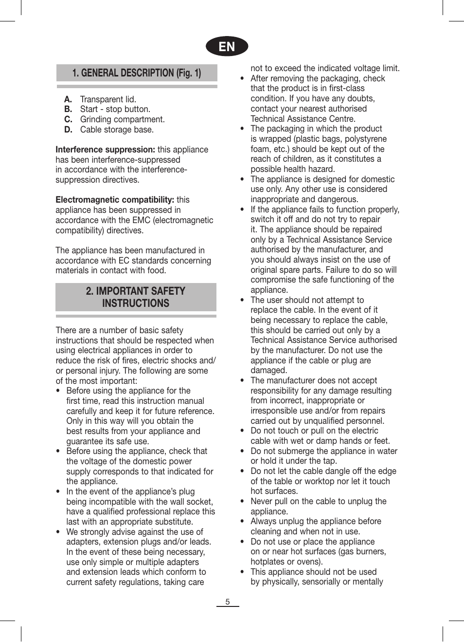 General description (fig. 1), Important safety instructions | Fagor ML-300 User Manual | Page 6 / 30