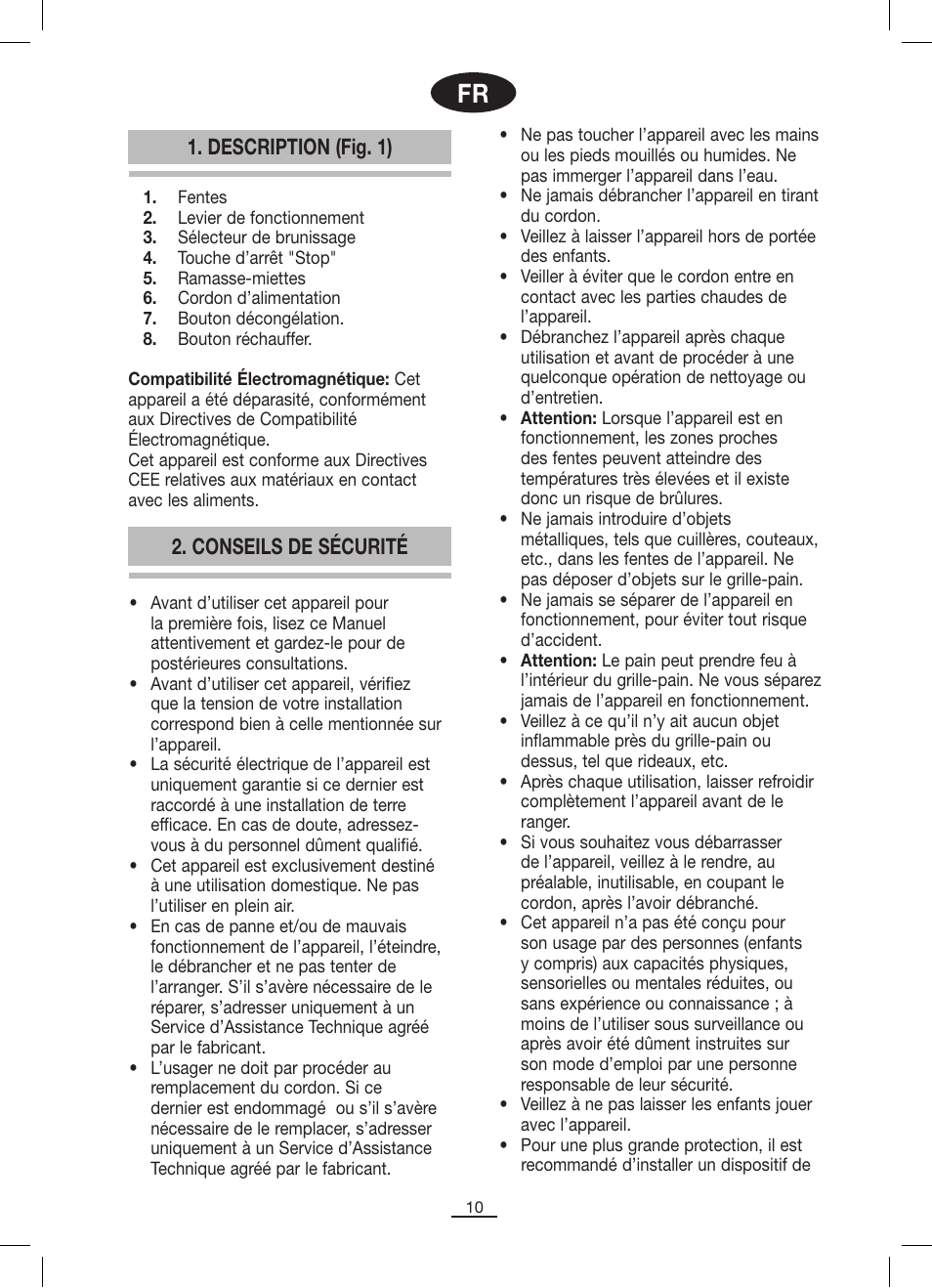 Description (fig. 1), Conseils de sécurité | Fagor TT-402 User Manual | Page 11 / 34