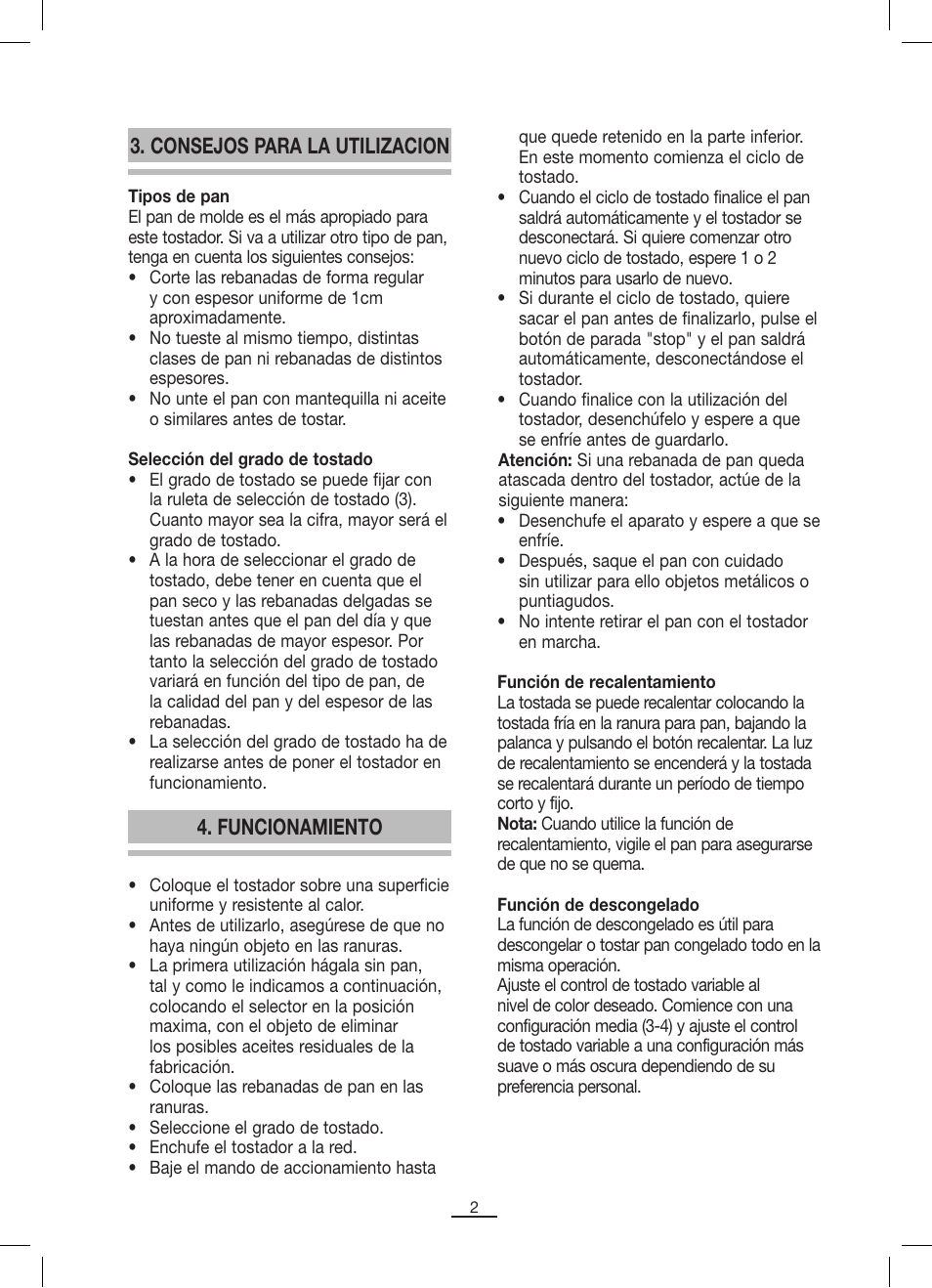 Consejos para la utilizacion, Funcionamiento | Fagor TT-402 User Manual | Page 3 / 34