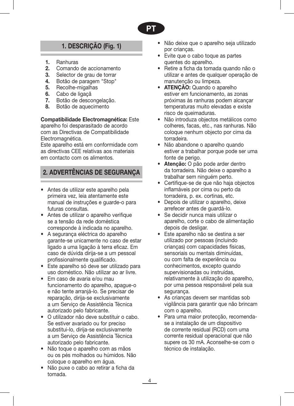 Descrição (fig. 1), Advertências de segurança | Fagor TT-402 User Manual | Page 5 / 34