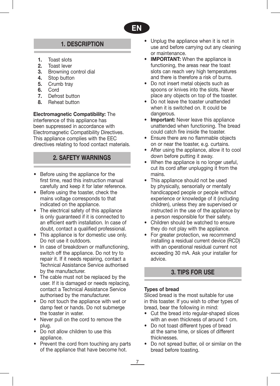 Description, Safety warnings 3. tips for use | Fagor TT-402 User Manual | Page 8 / 34