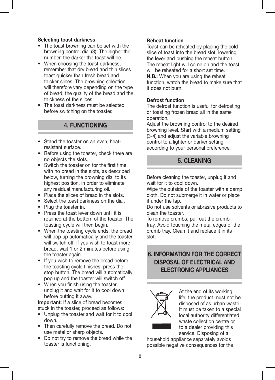 Functioning, Cleaning | Fagor TT-402 User Manual | Page 9 / 34