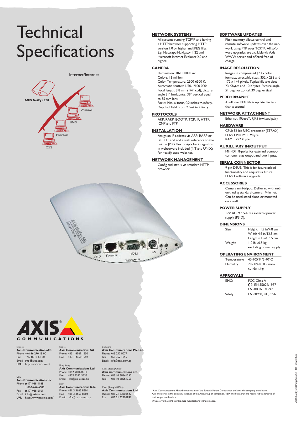 Technical specifications, Internet/intranet | Axis Communications NETEYE 200 User Manual | Page 2 / 2
