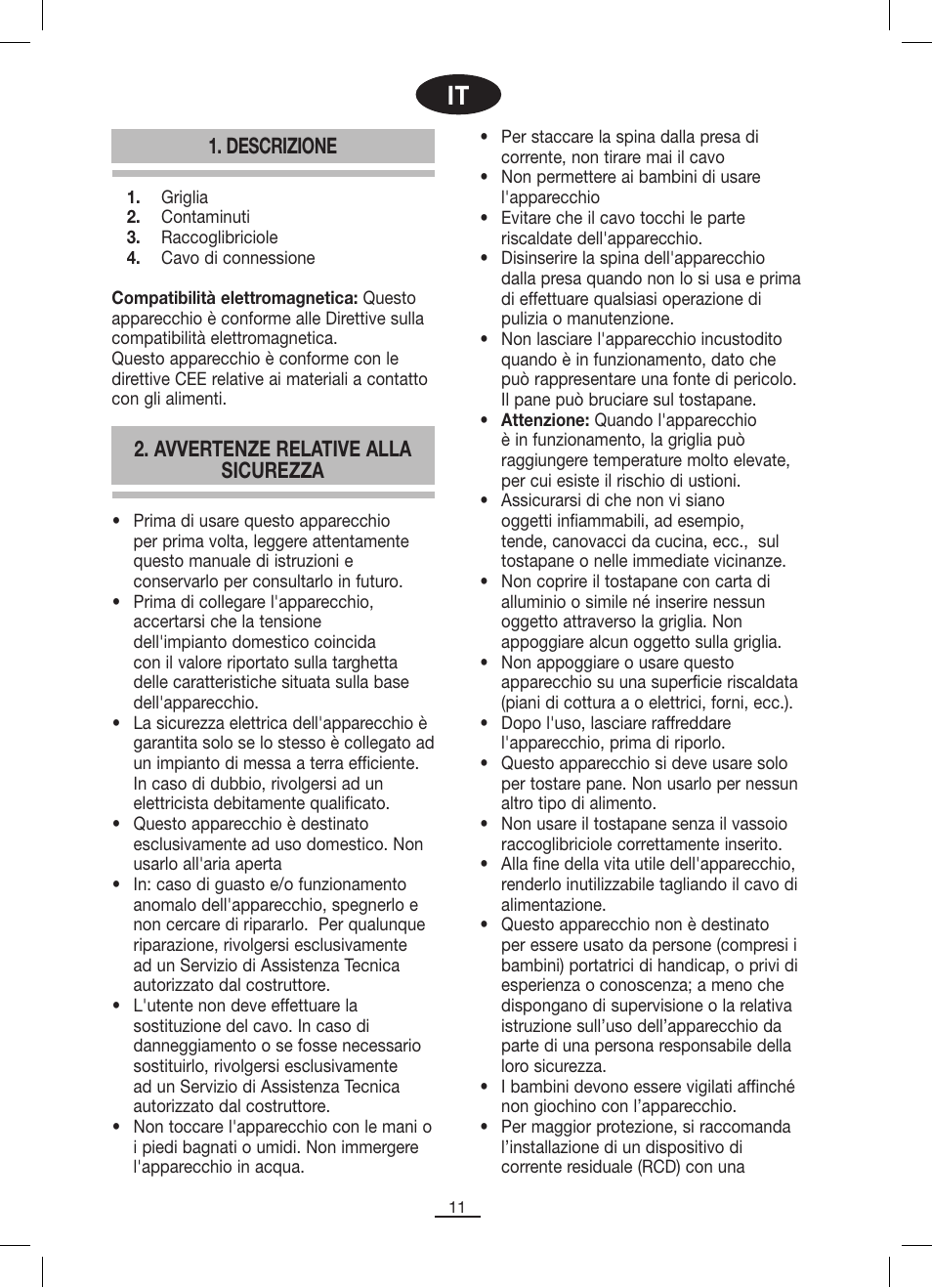 Descrizione, Avvertenze relative alla sicurezza | Fagor TP-330 User Manual | Page 12 / 34