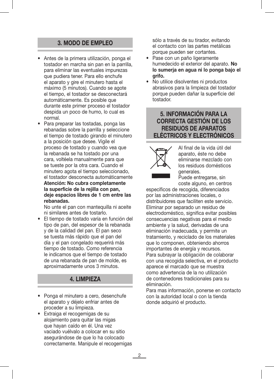 Modo de empleo, Limpieza | Fagor TP-330 User Manual | Page 3 / 34