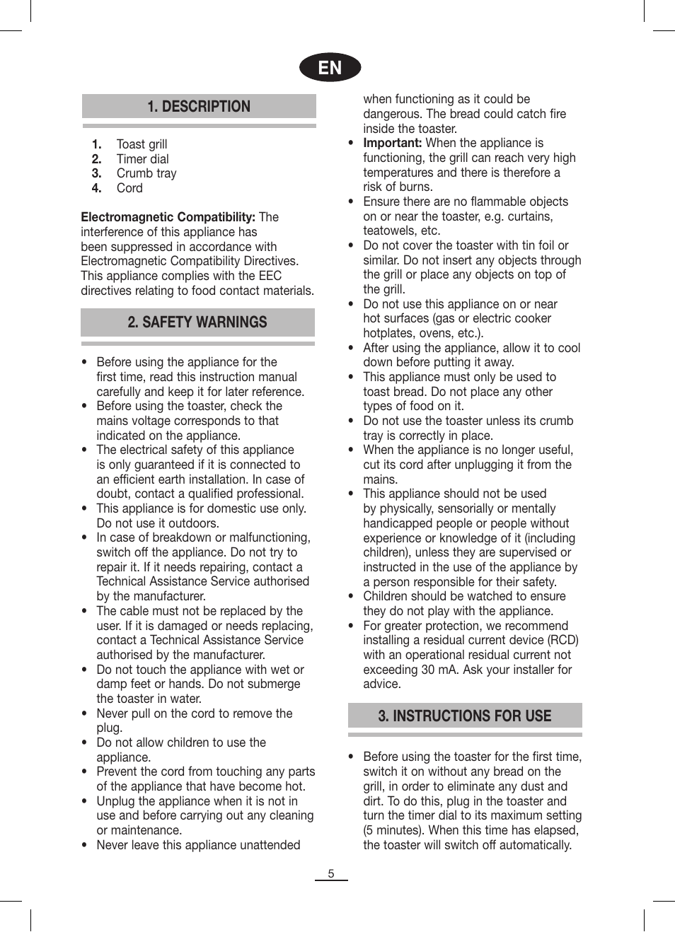 Description, Safety warnings 3. instructions for use | Fagor TP-330 User Manual | Page 6 / 34