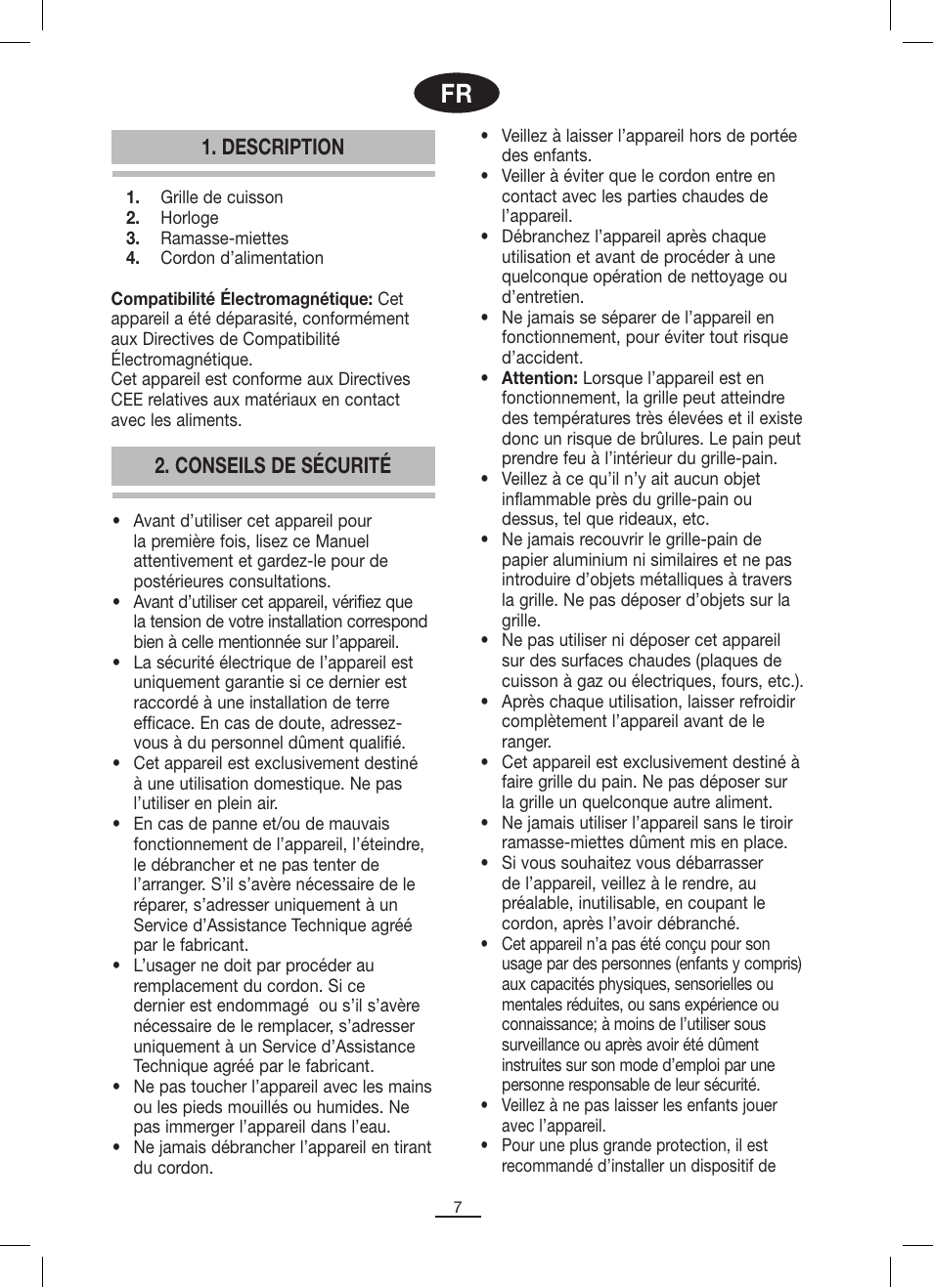 Description, Conseils de sécurité | Fagor TP-330 User Manual | Page 8 / 34