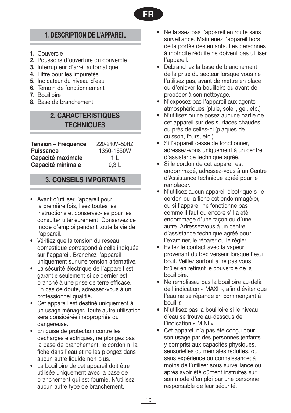 Description de l’appareil, Caracteristiques techniques 3. conseils importants | Fagor TK-200 User Manual | Page 11 / 36