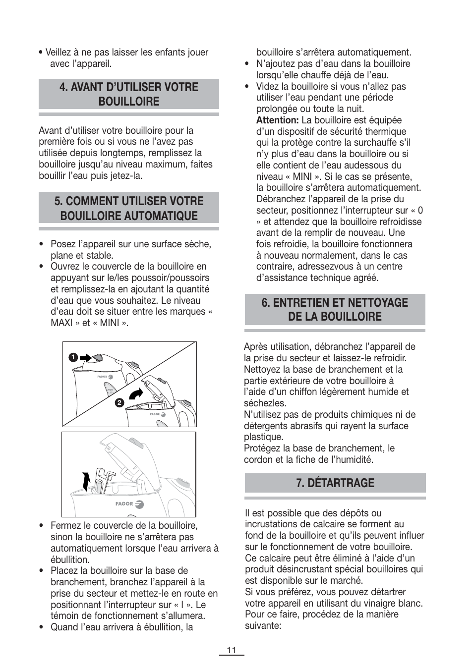 Avant d’utiliser votre bouilloire, Comment utiliser votre bouilloire automatique, Entretien et nettoyage de la bouilloire | Détartrage | Fagor TK-200 User Manual | Page 12 / 36