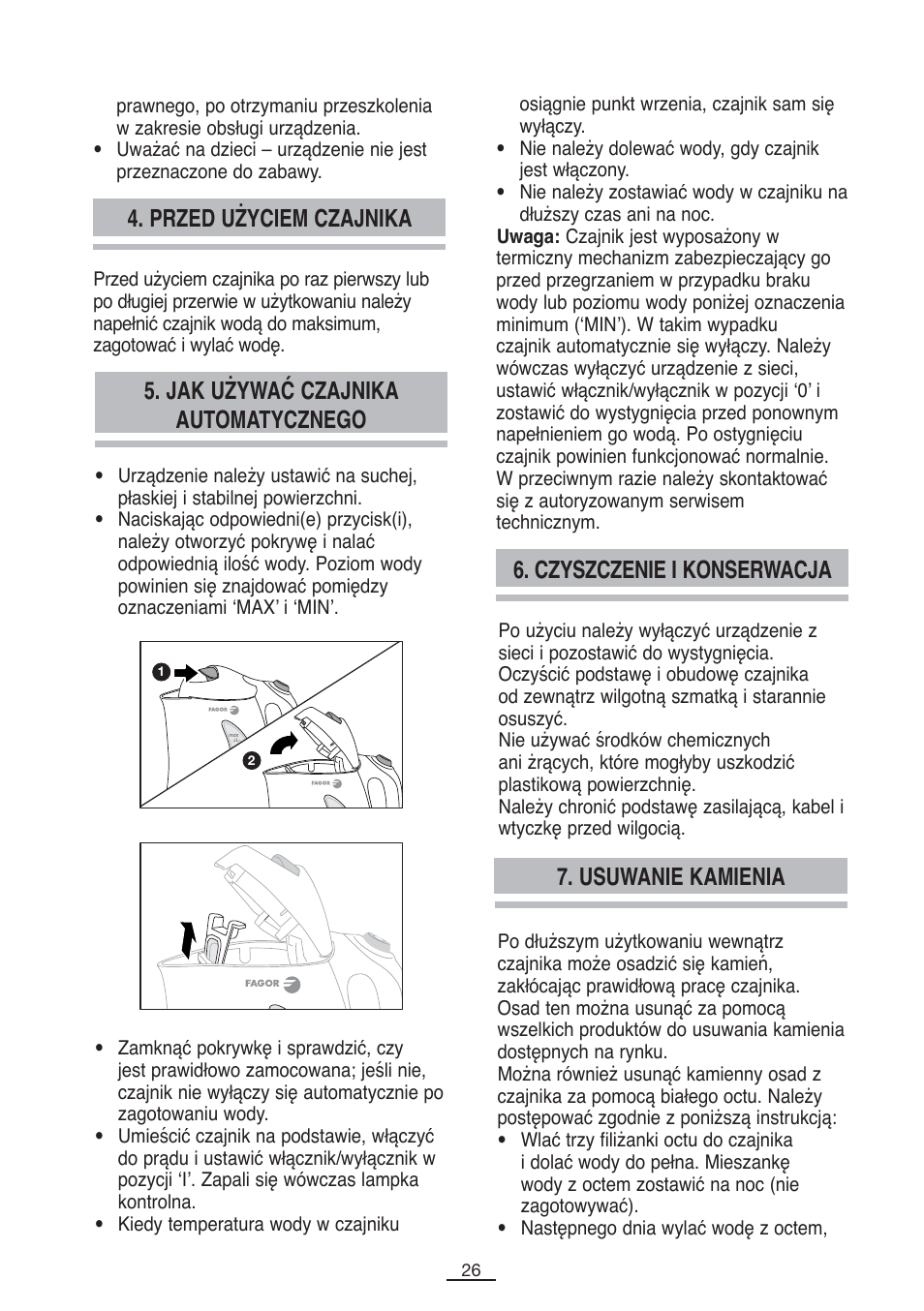 Przed użyciem czajnika, Jak używać czajnika automatycznego, Czyszczenie i konserwacja | Usuwanie kamienia | Fagor TK-200 User Manual | Page 27 / 36