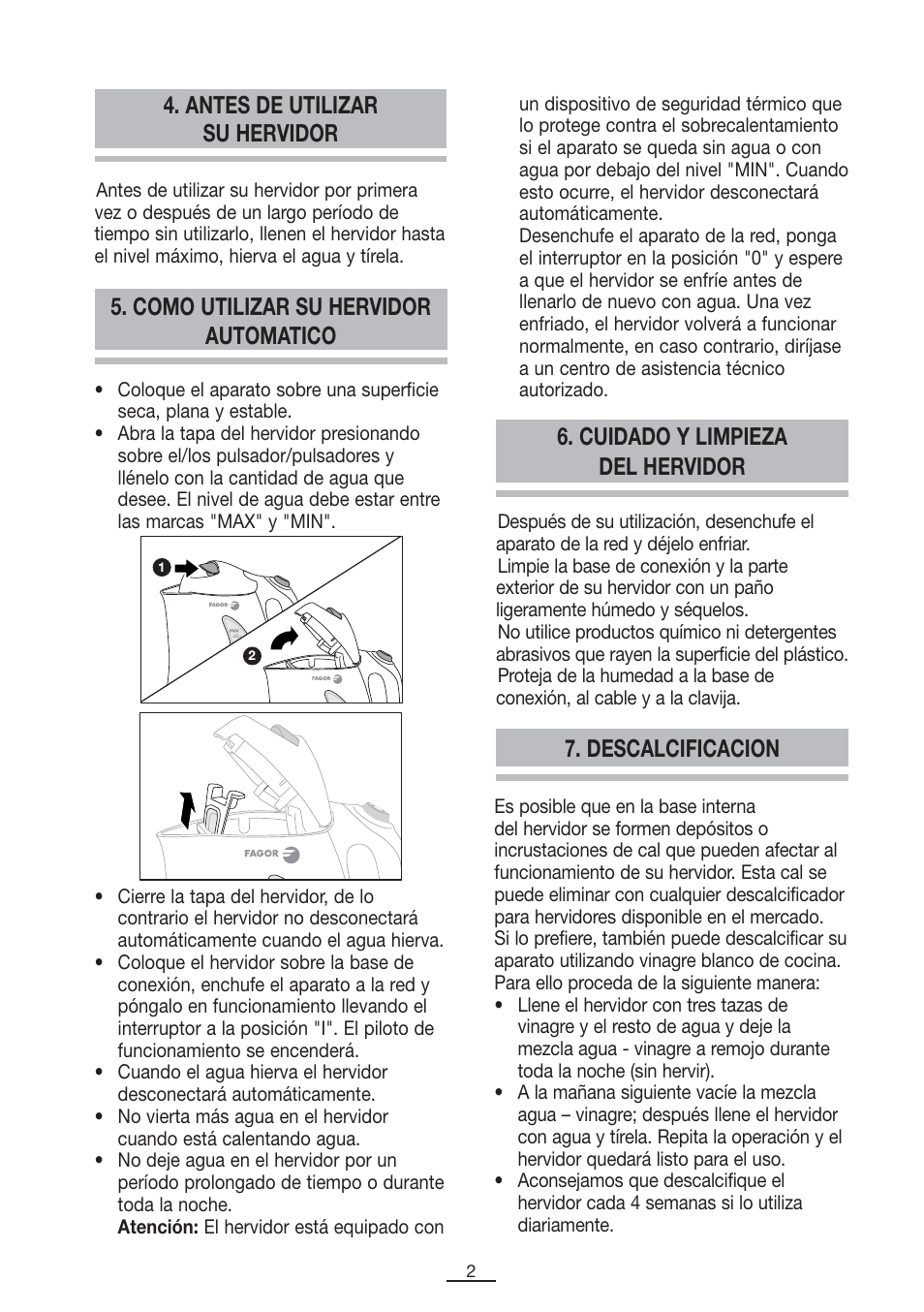 Antes de utilizar su hervidor, Como utilizar su hervidor automatico, Cuidado y limpieza del hervidor | Descalcificacion | Fagor TK-200 User Manual | Page 3 / 36