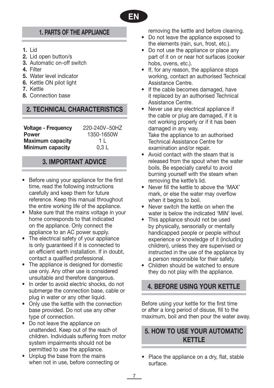 Parts of the appliance, How to use your automatic kettle | Fagor TK-200 User Manual | Page 8 / 36