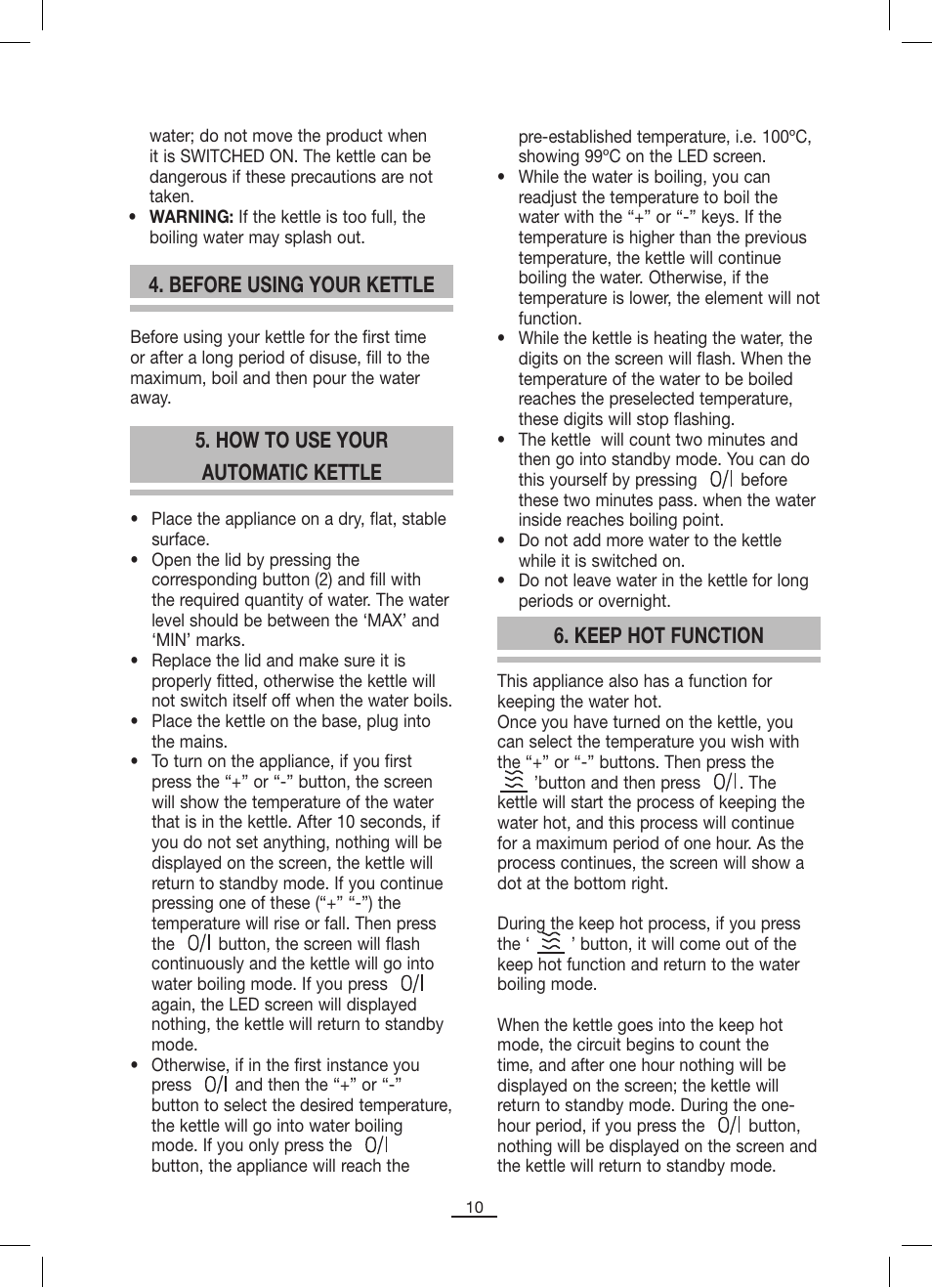 Before using your kettle, How to use your automatic kettle, Keep hot function | Fagor TK-500 User Manual | Page 11 / 54