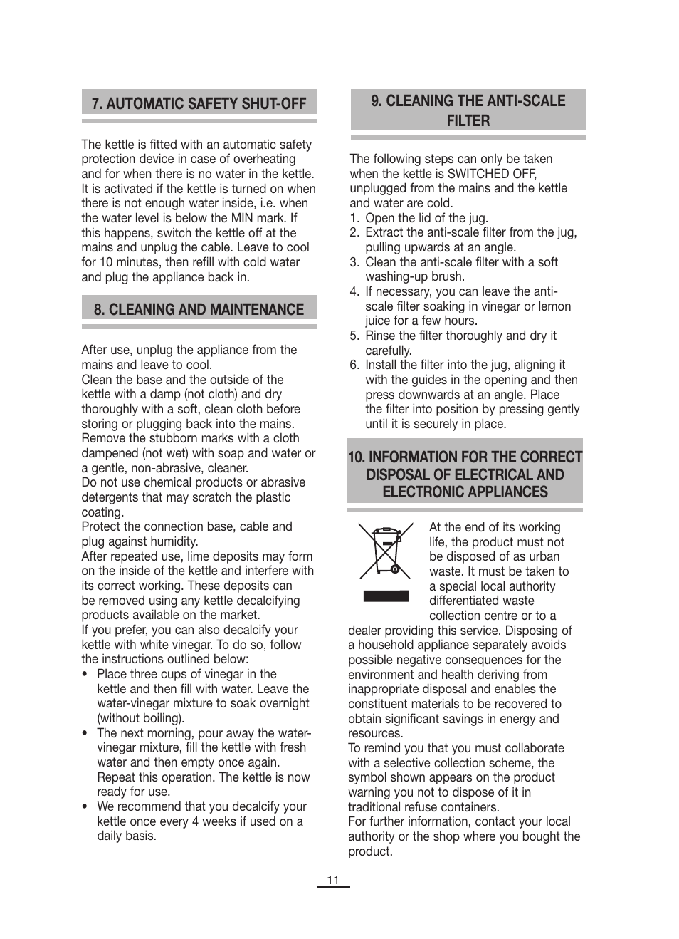 Automatic safety shut-off, Cleaning and maintenance, Cleaning the anti-scale filter | Fagor TK-500 User Manual | Page 12 / 54