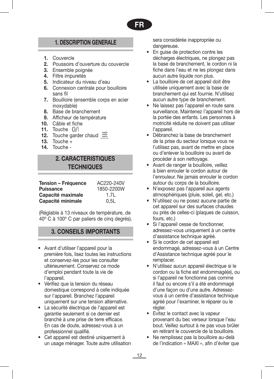 Description generale, Caracteristiques techniques 3. conseils importants | Fagor TK-500 User Manual | Page 13 / 54
