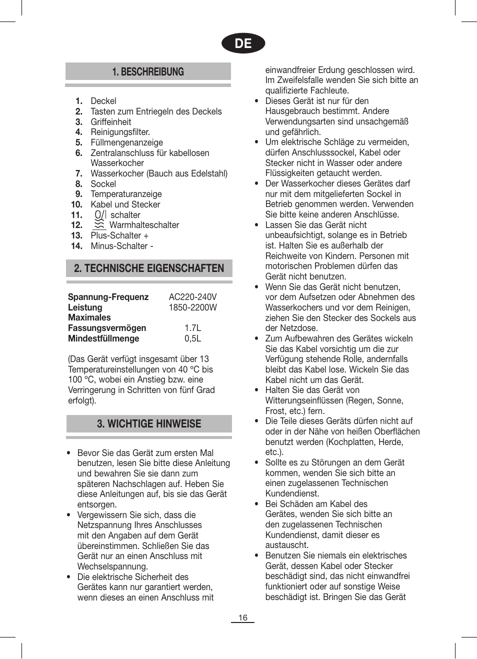 Beschreibung, Technische eigenschaften 3. wichtige hinweise | Fagor TK-500 User Manual | Page 17 / 54