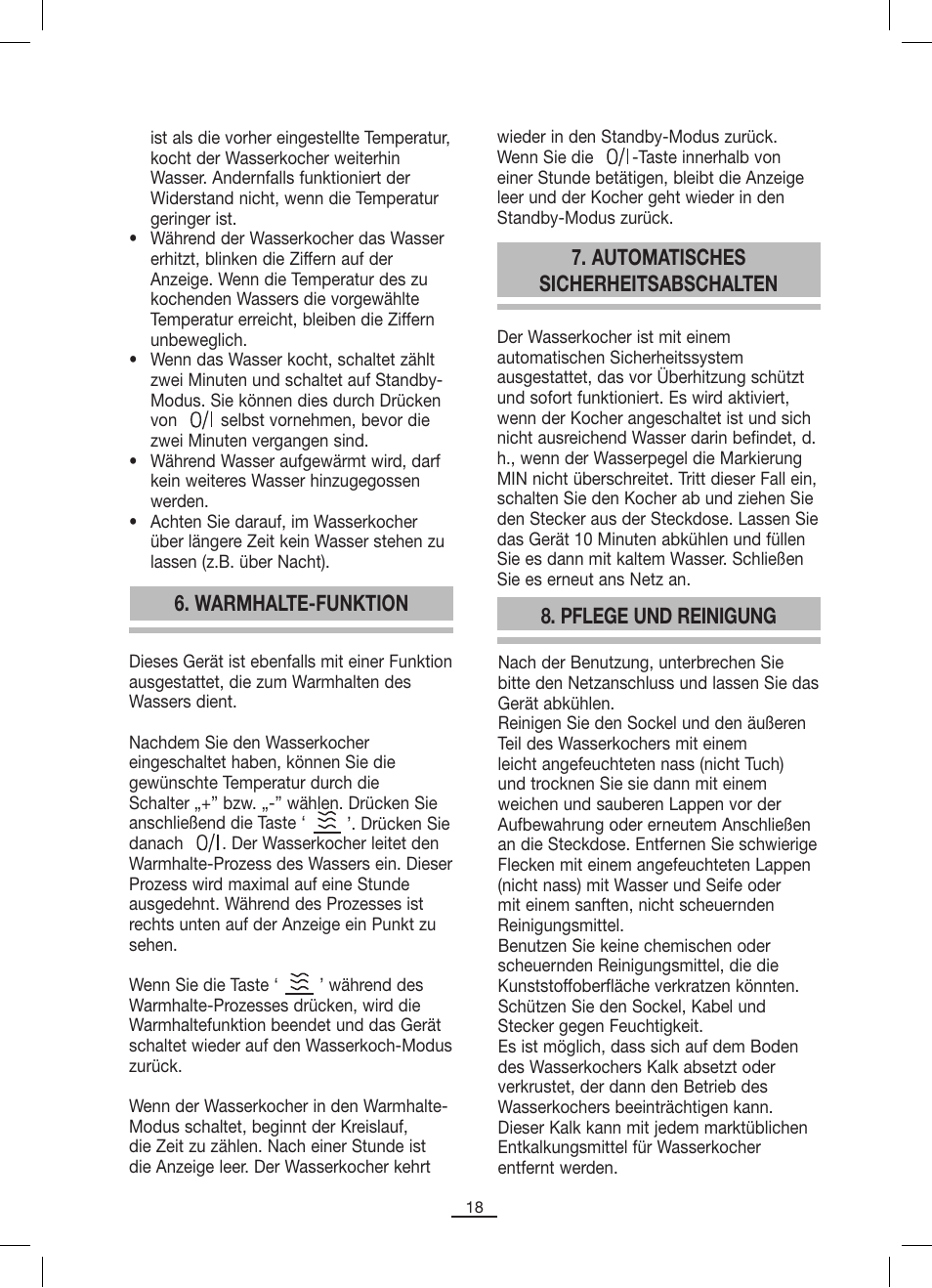 Warmhalte-funktion, Automatisches sicherheitsabschalten, Pflege und reinigung | Fagor TK-500 User Manual | Page 19 / 54