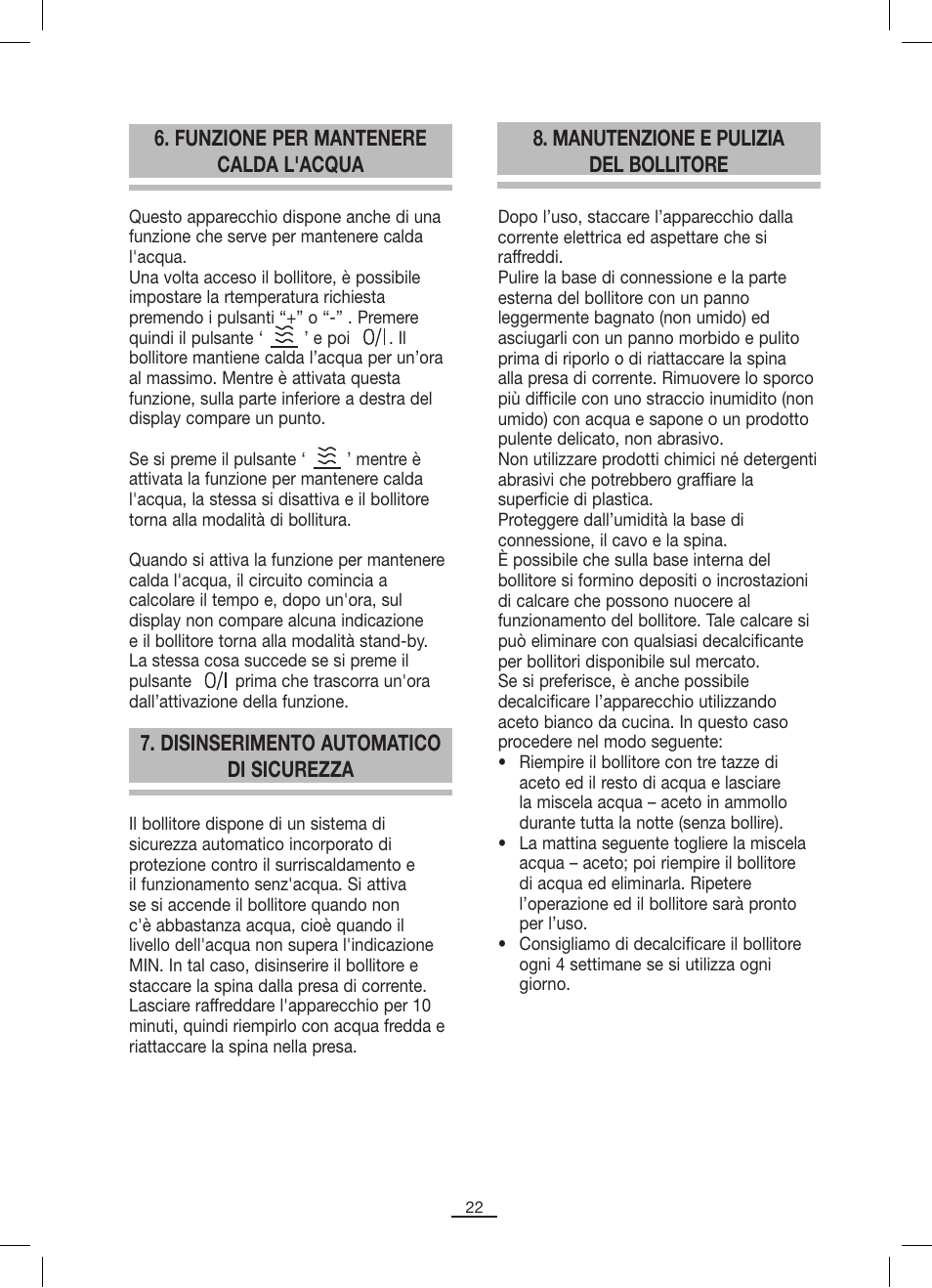 Funzione per mantenere calda l'acqua, Disinserimento automatico di sicurezza, Manutenzione e pulizia del bollitore | Fagor TK-500 User Manual | Page 23 / 54