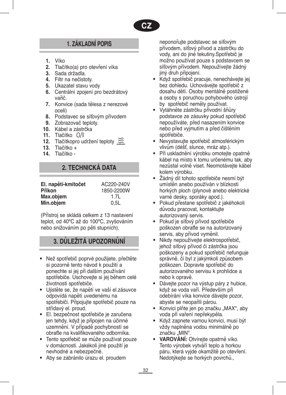 Základní popis, Technická data 3. důležitá upozornůní | Fagor TK-500 User Manual | Page 33 / 54